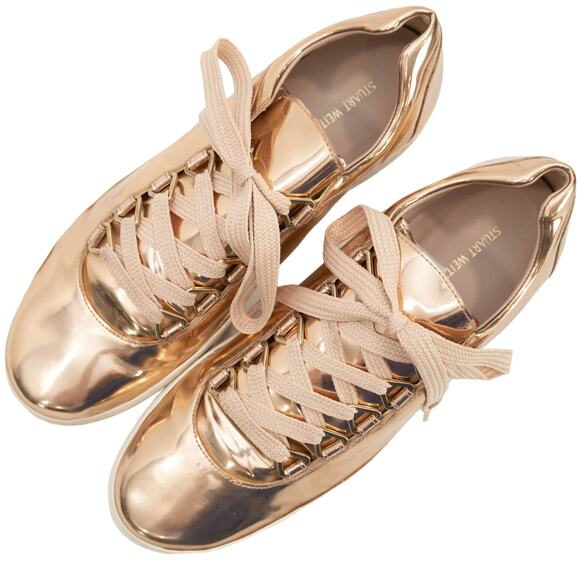 Stuart Weitzman Rose Gold Patent Leather Gaming Sneakers Size 8.5 - Picture 3 of 12